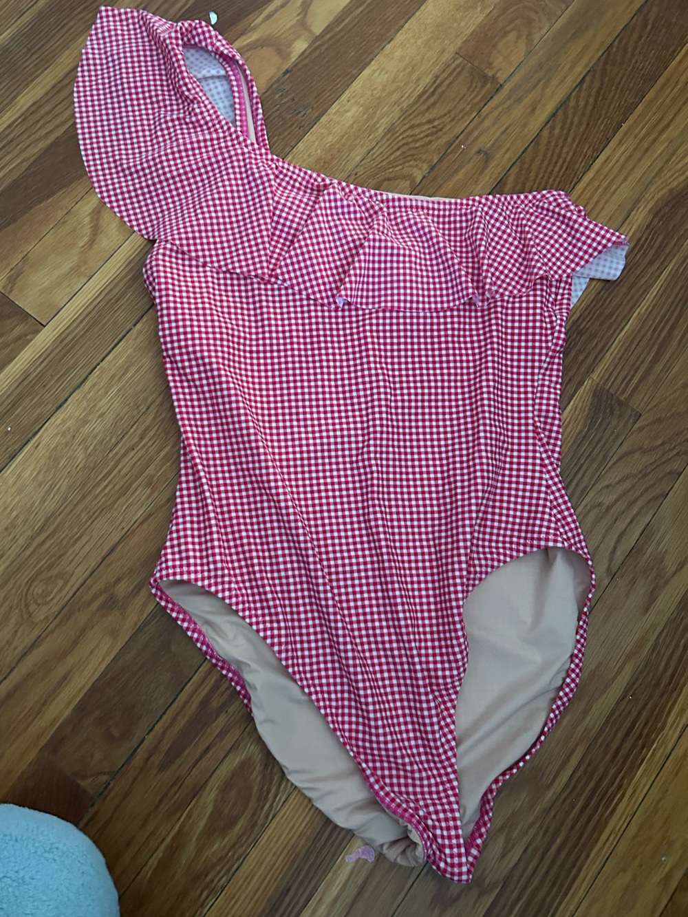 J. Crew Pink and White Gingham One-Shoulder Ruffle Swimsuit